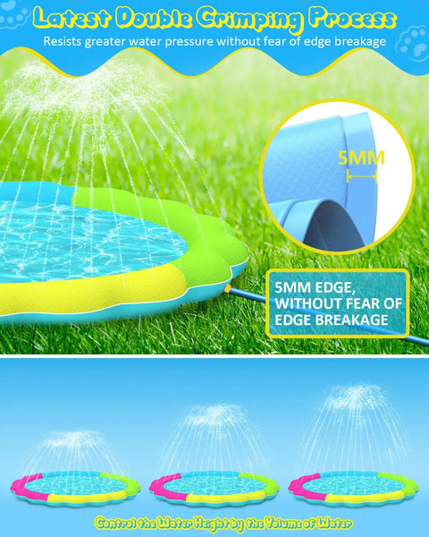 67 Inch Anti Slip Splash Pad For Kiddos And Dogs Thickened Zero Point Five Five Millimeter Durable Backyard Water Play Mat Colorful Summer Outdoor Toy No Slip Surface For Safe Wet Fun On Lawn Pool Garden, showing close-up of 0.55mm edge and water spray feature on grass