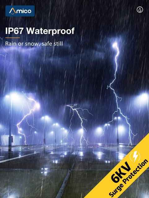 IP67 waterproof 300W LED Parking Lot Light With 39,000 Lumens At 5000K Daylight White in stormy outdoor setting