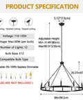 Product specification sheet for Wagon Wheel Farmhouse Chandelier In Black And Wood, showcasing dimensions and features.