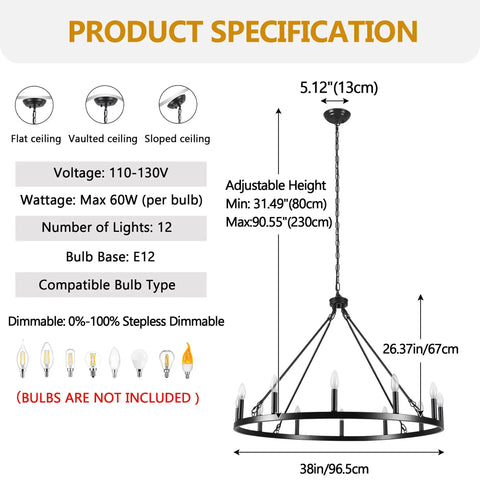 Product specification sheet for Wagon Wheel Farmhouse Chandelier In Black And Wood, showcasing dimensions and features.