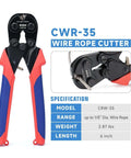 Heavy Duty Wire Rope Crimping Tool Kit With Swager And Cutter, image showing CRW-35 model, 6-inch wire cutter specifications.