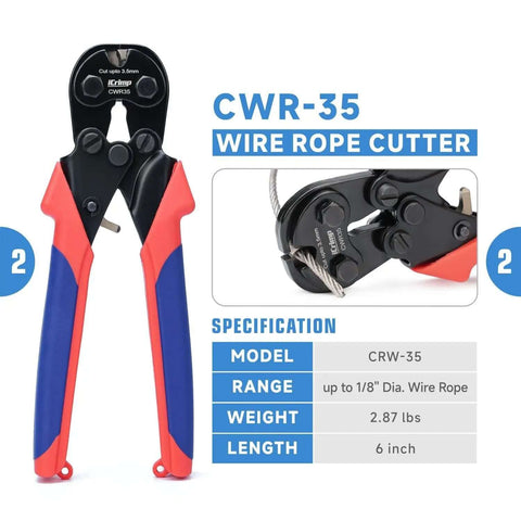 Heavy Duty Wire Rope Crimping Tool Kit With Swager And Cutter, image showing CRW-35 model, 6-inch wire cutter specifications.
