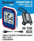 Phantom 3 Handheld Slope GPS Golf Rangefinder With Touchscreen Display, belt clip, carabiner, and USB cable in box