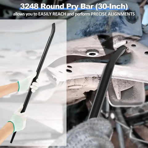 Hands using Pro Grade Round Connecting Bar For Go To Aligning Prying And Chiseling With Alignment Tip and Bent Chisel End Built From Heavy Duty Steel For Real World Prying And Alignment Tasks under car chassis
