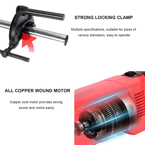Strong locking clamp and all copper wound motor of Heavy-Duty Electric Pipe Cutter And Threader Kit 2300W for plumbing tasks.