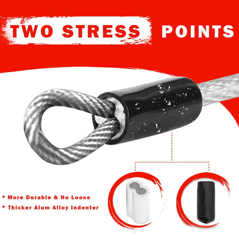Close-up of 3Mm Stainless Steel Security Cable with black double loop showing durability features, heavy duty for luggage and bikes.