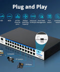 24-Port Workhorse Gigabit Ethernet Switch With Plug And Play Setup, Smart Managed Network Hub, VLAN and QoS Ready, desktop view