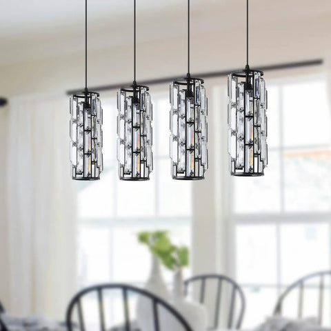 Four Light Black Crystal Pendant Lights With Adjustable Dope Modern Mini Island Chandeliers For Dining Room Kitchen Bedroom