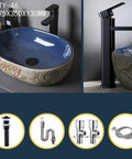 Hella Sleek Round Porcelain Bathroom Vessel Sink With Chrome Pop Up Drain Above Counter Vanity Art Basin 475x350x130mm with faucet.