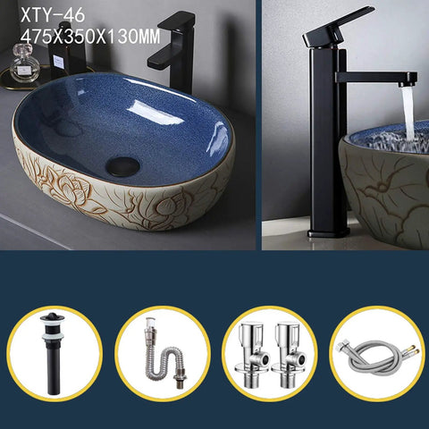 Hella Sleek Round Porcelain Bathroom Vessel Sink With Chrome Pop Up Drain Above Counter Vanity Art Basin 475x350x130mm with faucet.