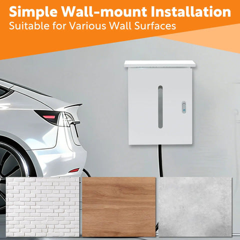 Slick Outdoor Electric Vehicle Charger Cover With Viewing Window For Tesla And Universal Wall Box Weatherproof Secure Locking Design No Sweat Install For Home Use on various wall surfaces.