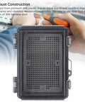 Rugged Outdoor Electrical Junction Box with IP67 ABS Enclosure, grid mounting plate, clear cover, stainless steel lock, front view