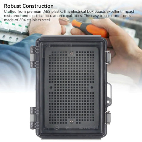 Rugged Outdoor Electrical Junction Box with IP67 ABS Enclosure, grid mounting plate, clear cover, stainless steel lock, front view