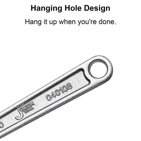 8 Inch Adjustable Wrench With Wide 30mm Opening CRV Steel Construction Metric Scale Built Tough For Home Garage Workshop And DIY Projects Ready For Everyday Fixes, showing hanging hole design at the handle end.