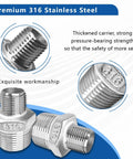 Two-pack 316 stainless steel reducing hex nipples, 3/4" NPT male to 1/2" NPT male for plumbing fittings