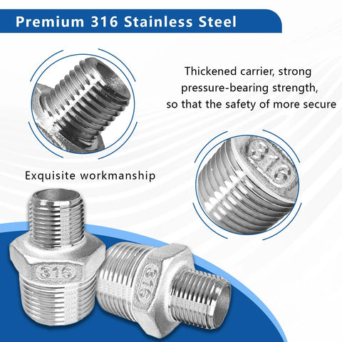 Two-pack 316 stainless steel reducing hex nipples, 3/4" NPT male to 1/2" NPT male for plumbing fittings