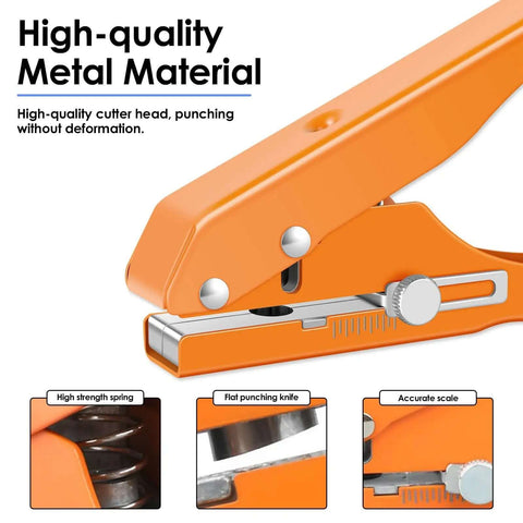 Heavy Duty Single Hole Punch Plier Tool With Five Sixteenth Inch And Three Eighth Inch Holes in action, showcasing metal finish and scale