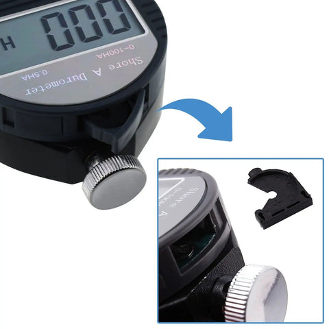 Pocket Size Shore A Hardness Meter Durometer 0-100HA Digital Tester With Large LCD Display For Rubber Leather Resin Fiber Glass Wax And More Ideal For QC And Material Testing, close-up of probe and dial