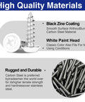 Top Shelf Number 8 White Wood Screws Assortment With Truss Head Design, 170 Piece Carbon Steel Set close-up of black zine coated screw with white paint head.
