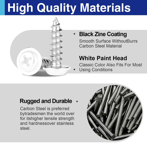 Top Shelf Number 8 White Wood Screws Assortment With Truss Head Design, 170 Piece Carbon Steel Set close-up of black zine coated screw with white paint head.