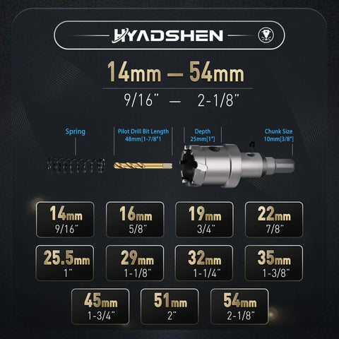 HYADSHEN 17-piece hole saw kit with case; sizes 14–54 mm, includes pilot bits and L-wrench