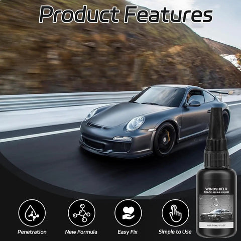 Chips And Cracks Be Gone 2026 Upgrade Windshield Crack Repair Kit bottle with driving sports car