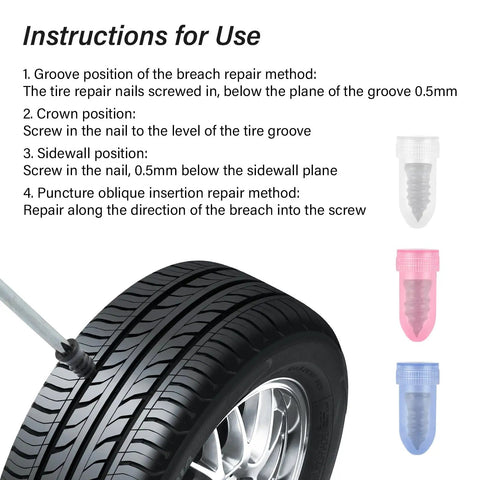 Instruction guide and colored plugs from Pack Of 90 Tire Repair Kit With Plugs And Screwdriver, Do It Yourself Flat Tire Fix.