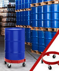 Two Pack Drum Dollies For 16 Gallon Drums Red Mobile Base With Four Swivel Casters, Heavy Duty Drum Cart Set For Buckets, Shops, Garages, Factories, And Warehouses, Easy Roll, Stable, Perfect For Moving Large Drums, blue drum on red caster base in warehouse