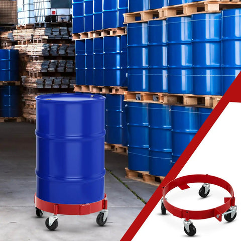 Two Pack Drum Dollies For 16 Gallon Drums Red Mobile Base With Four Swivel Casters, Heavy Duty Drum Cart Set For Buckets, Shops, Garages, Factories, And Warehouses, Easy Roll, Stable, Perfect For Moving Large Drums, blue drum on red caster base in warehouse