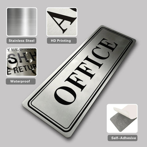 Stainless Steel Office Door Sign With Self Adhesive Backing, 9 By 3 Inch, Waterproof, UV Resistant And Scratch Proof, Heavy Duty Metal