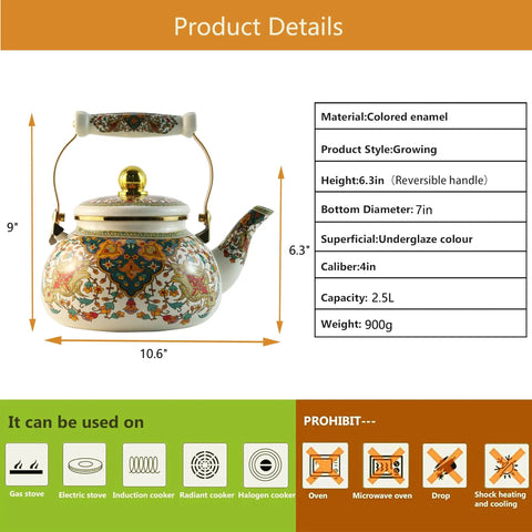 Floral Enamel Tea Kettle With Ceramic Handle Two And A Half Liter Capacity Vintage Gold Beige Boho Porcelain Teapot For Stovetop Tea Or Coffee Colorful Kitchen Decor