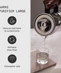Glass Water Filter Pitcher With Stainless Steel Refillable Filter System No Plastic Waste Includes Granules 2.8L Jug With 1.66L Filtration Capacity Sleek Kitchen Essential For Fresh Tasting Water being poured into glass