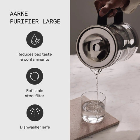 Glass Water Filter Pitcher With Stainless Steel Refillable Filter System No Plastic Waste Includes Granules 2.8L Jug With 1.66L Filtration Capacity Sleek Kitchen Essential For Fresh Tasting Water being poured into glass