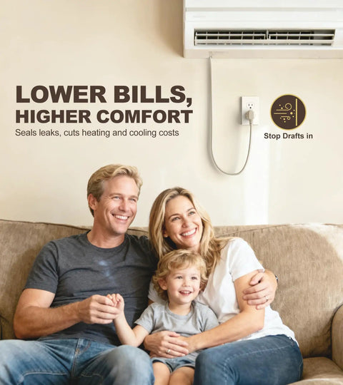 Happy family sitting on a couch promoting energy savings with Block Those Dreaded Seasonal Drafts Dead In Their Tracks With This 30 Pack Of Eva Foam Outlet Insulator Pads Sealing Switches And Wall Plates For Cozier Living Spaces.