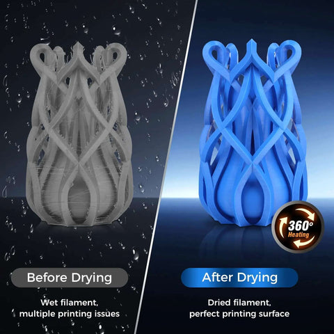 Before and after drying filament comparison using No Fuss 4 Spool Filament Dryer Box With Auto Humidity Control For 3D Printer Filament, 350W PTC Fast Heating, 70C Max Temperature, Big Capacity Storage For Multi Color Printing, Keeps Filament Dry And Ready