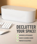 Large White Cable Management Box For Power Strips And Cords, Floor Outlet Hideaway on desk with text promoting decluttering benefits