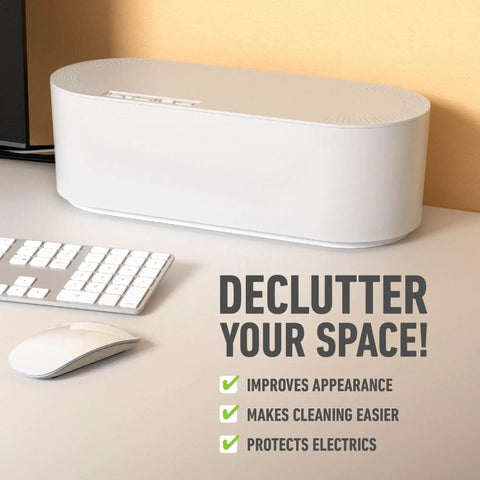 Large White Cable Management Box For Power Strips And Cords, Floor Outlet Hideaway on desk with text promoting decluttering benefits