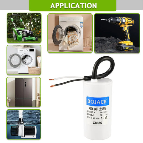 60uF 250V AC CBB60 Motor Run Capacitor Two Wire 50 60 Hz Cylinder Style in front of appliance backgrounds