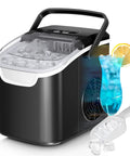 Antarctic Star countertop ice maker, front view, black compact unit with clear lid, ice basket and scoop.