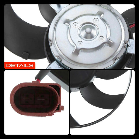 Top Shelf Right Side Engine Radiator Cooling Fan Assembly For Audi A3 And Volkswagen Beetle Eos Golf showing polymer blades and electrical connector.