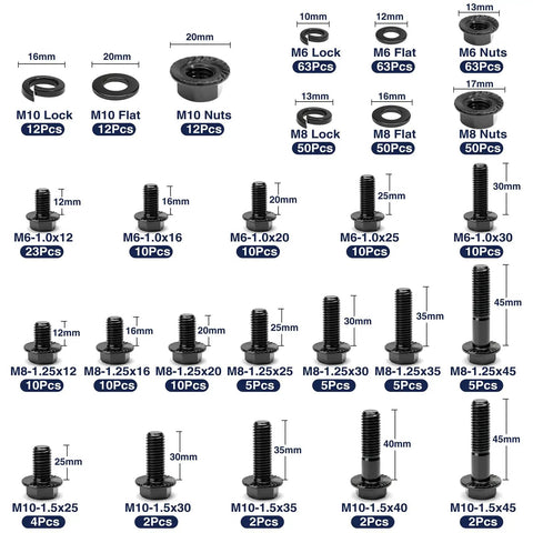 Tough As Nails Metric Flange Bolt Kit With 500 Pieces Of Grade 10.9 Alloy Steel Fasteners showing assorted bolts and nuts sizes and types.