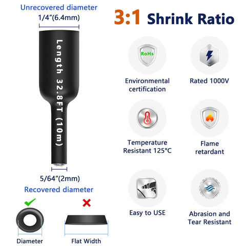 One Quarter Inch Heat Shrink Tubing With Adhesive Lined Dual Wall, 33 Foot Roll, Marine Grade Waterproof Shrink Wrap For Wire Insulation In Electrical, Automotive And Industrial Projects, Three To One Shrink Ratio, Black, 1/4 inch 3:1