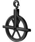 Aunocy 12 Inch Heavy Duty Scaffolding Pulley Hoist With Precision Ball Bearings For Quiet Lifting 1000 Lb Capacity Cable Rope System close-up view of black pulley wheel and hook