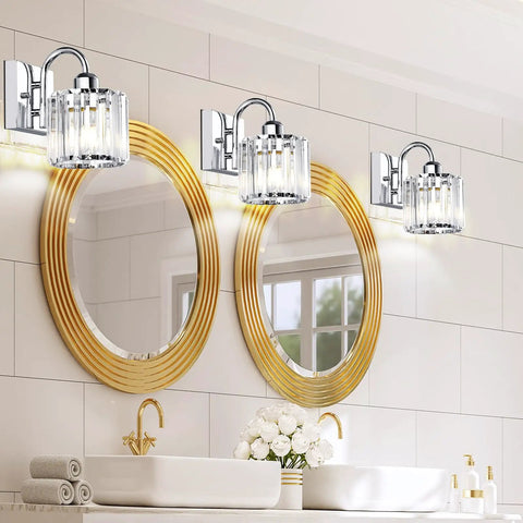 Four Light Chrome Crystal Vanity Light Over Mirror For Bathroom, Elegant Long Chrome Fixture with Crystal Finish illuminating sinks
