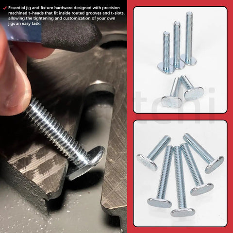 Close-up of 40 Piece Tee Bolt Set In 5 Sizes 1/4-20 T Bolts used in woodworking jigs showing T-track grooves and assembly