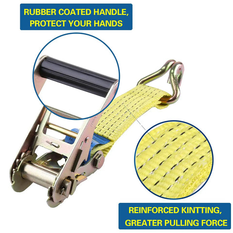 Beefy Heavy Duty Ratchet Tie Downs Straps With Double J Hook 2 Inch Wide By 13 Ft Long 10,000 Lbs Break Strength UV And Water Resistant Cargo Straps Yellow 4 Pack detail of rubber handle and reinforced knitting