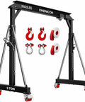 3 Ton Portable Gantry Crane With 8.53 Ft Wide Span And 8.53 To 12.47 Ft Adjustable Height Manual Trolley Lift System in black steel with red hooks and wheels.