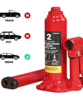 Bottle jack, front view, red Torin T90203C, 2-ton capacity, long handle
