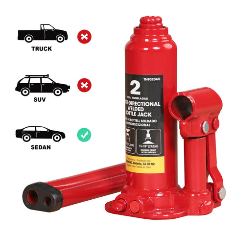 Bottle jack, front view, red Torin T90203C, 2-ton capacity, long handle