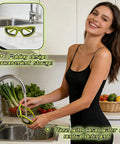 Tear Free Onion Goggles For Kitchen Cooking And Pepper Chopping With Anti Fog Lenses and Ultra Light Frame For Zero Cry Time Kitchen Work And Crystal Clear Vision Protection Gear Green being rinsed at a kitchen sink.